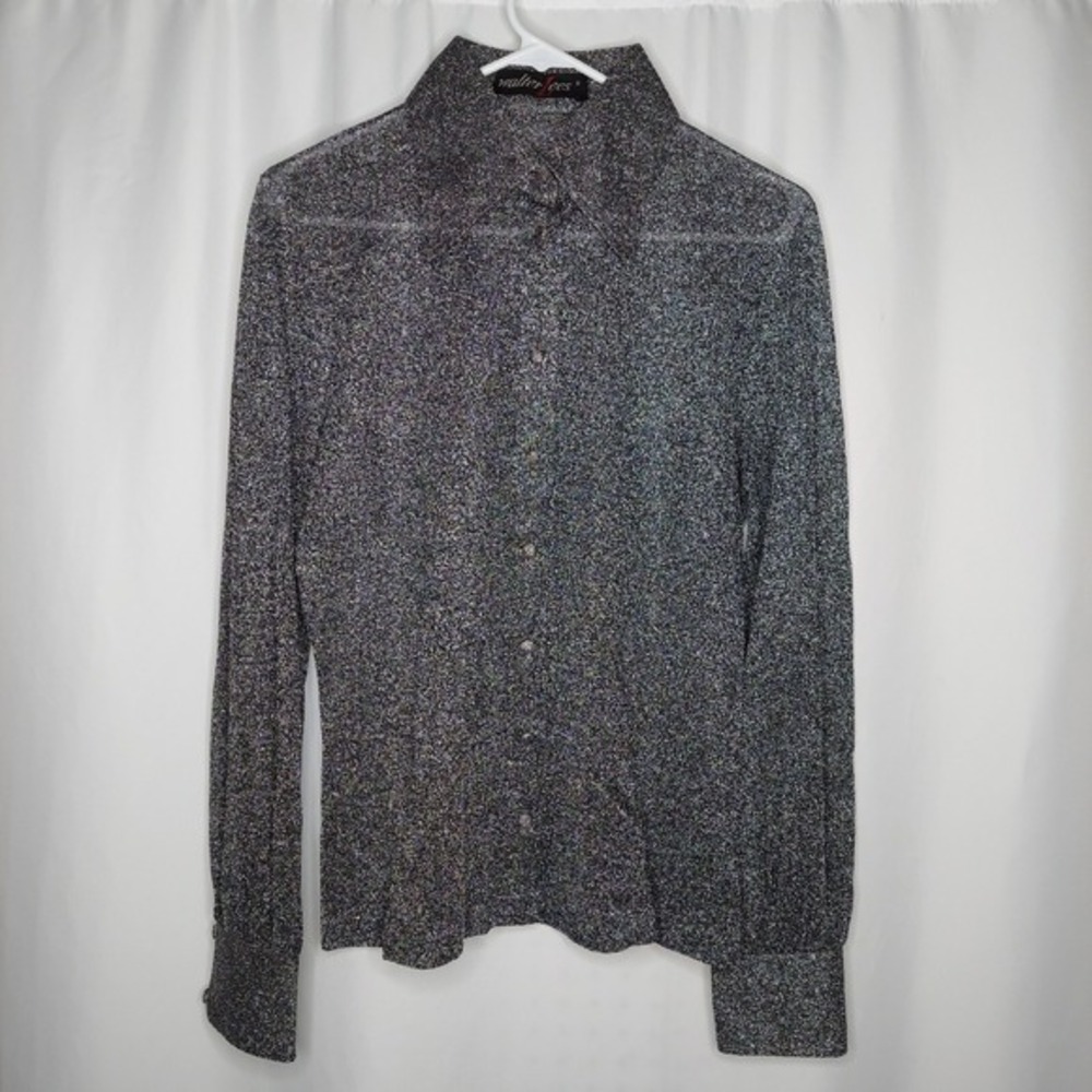 Walter Lee Sheer Metallic Button Top Women‎ Large Black Silver Witchy Whimsigoth
